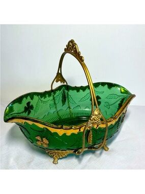 ANTIQUE Bride’s Basket Gilt Glass Bowl with Victorian Silver Plate stand.